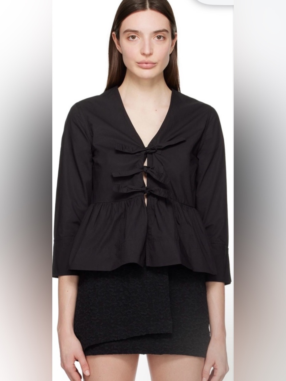 Ganni Black Cotton Poplin Peplum Tie Blouse